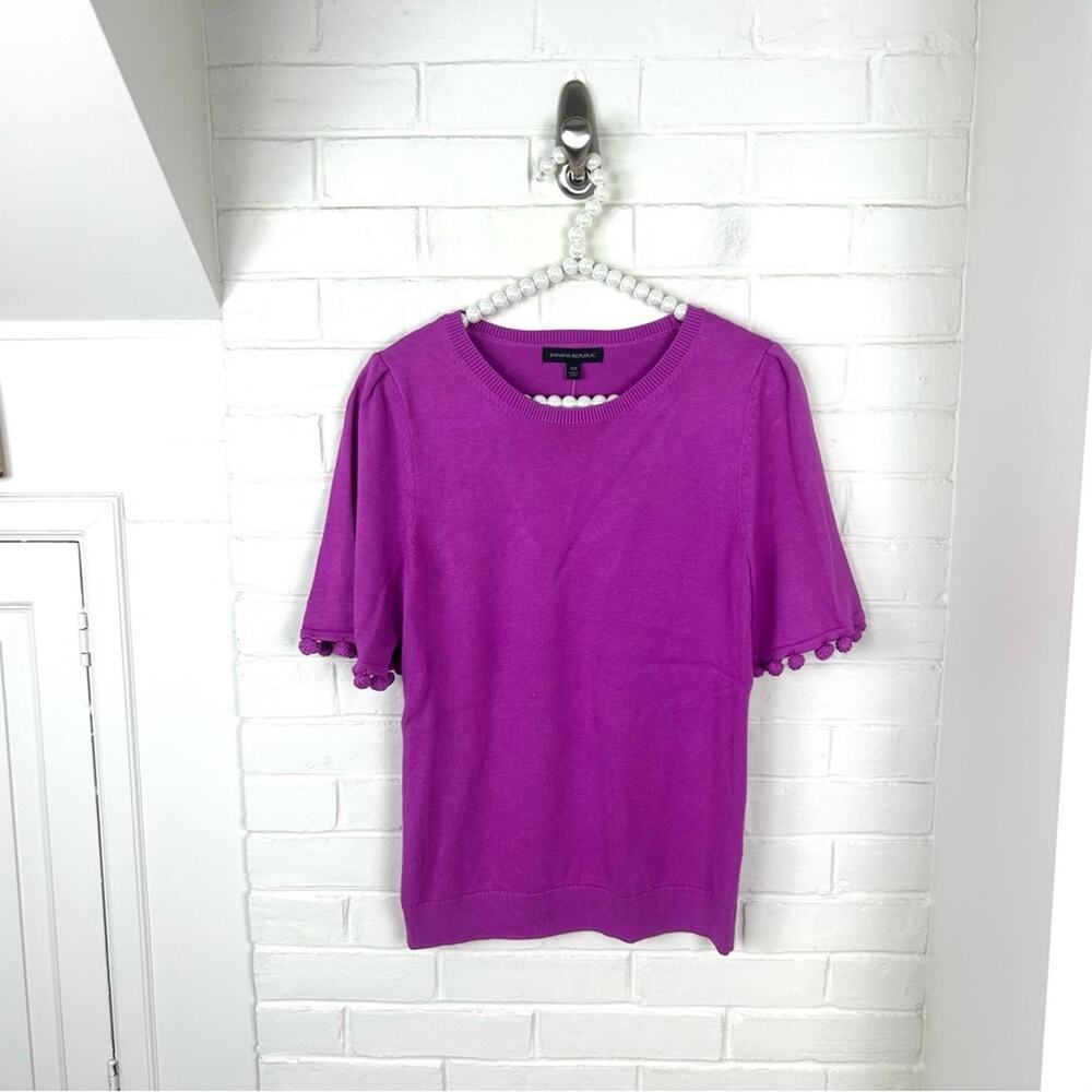 NWT Banana Republic Pink Purple Knit Pom Detail Short Sleeve Sweater Size XS